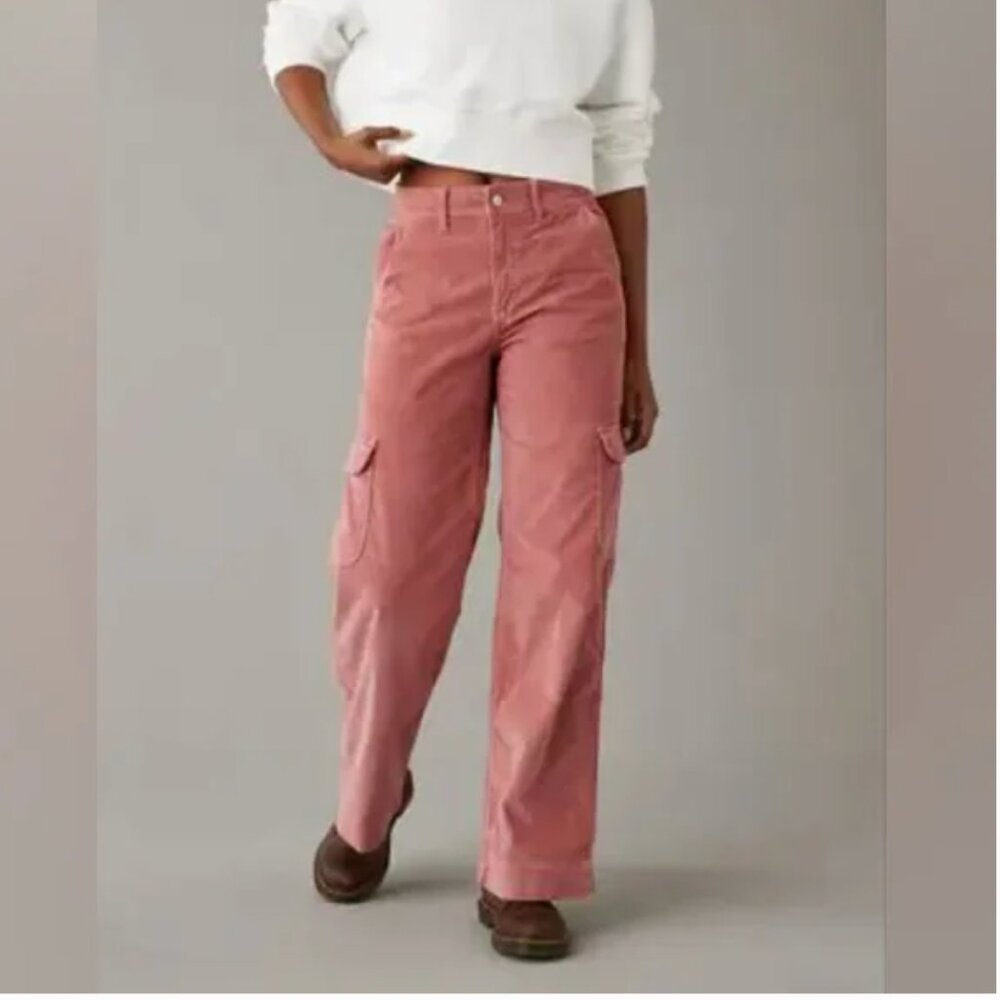 NEW American Eagle Cargo Pants Pink Corduroy Super High Rise Baggy Wide Leg Pant